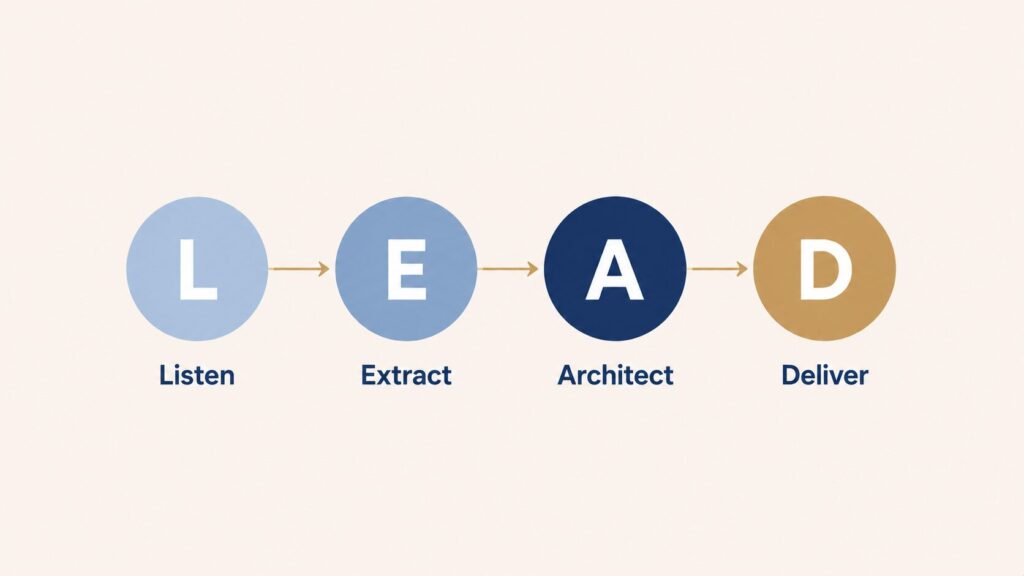 4つの円が左から右へ濃くなる図で、LEADの法則の4ステップ「Listen（聴く）→Extract（引き出す）→Architect（設計する）→Deliver（届ける）」を示すフレームワーク図